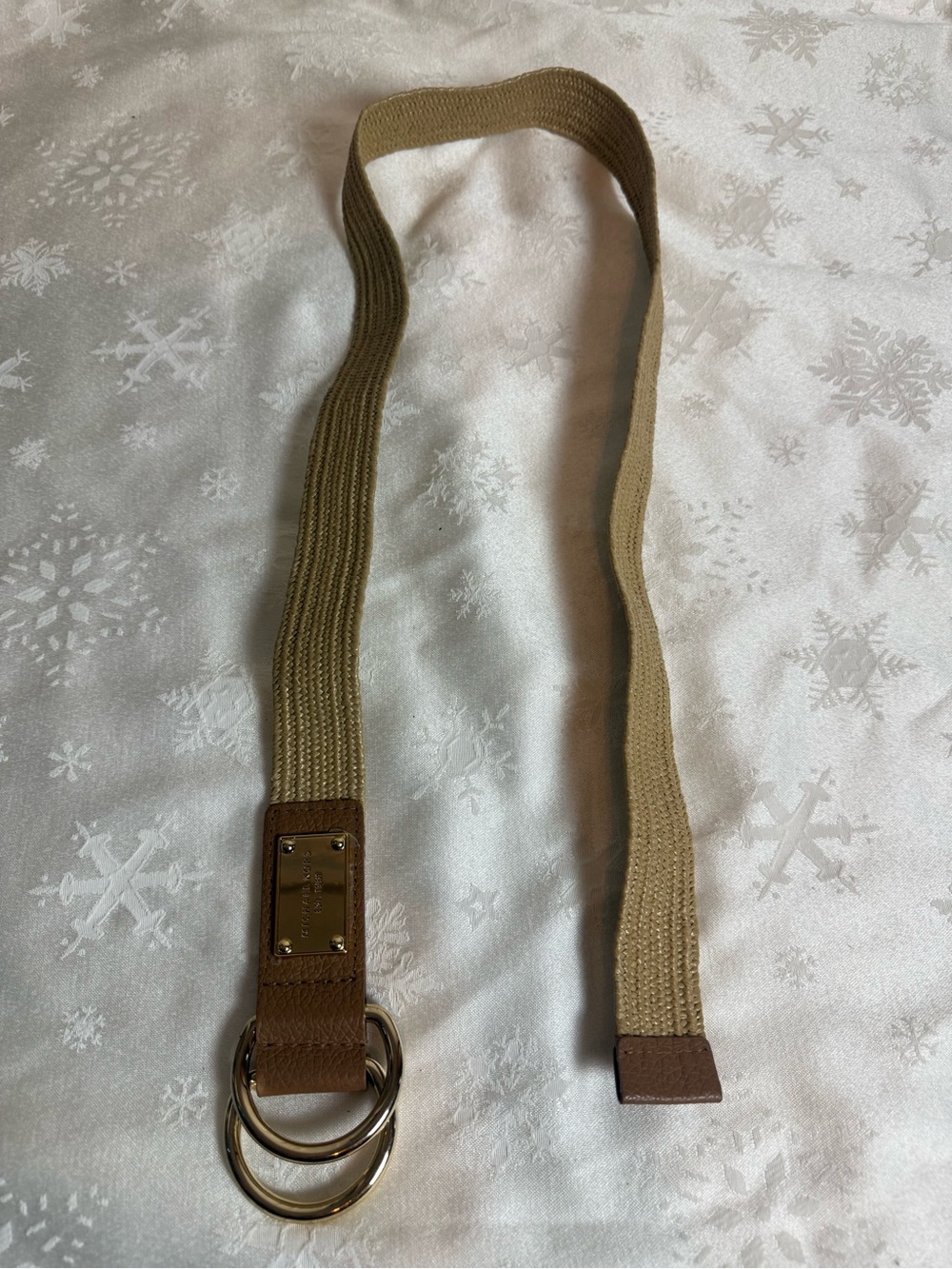 Michael Kors M/L Tan Woven Stretch Leather Belt Gold Double Ring Y2K Boho